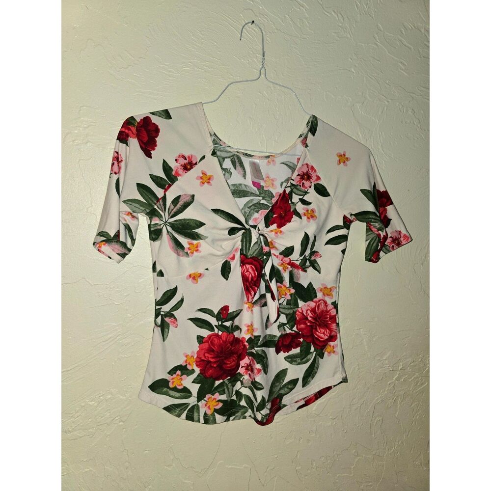 Tropical Floral Blouse Stretch Tie Front Women's Size medium 7/9
